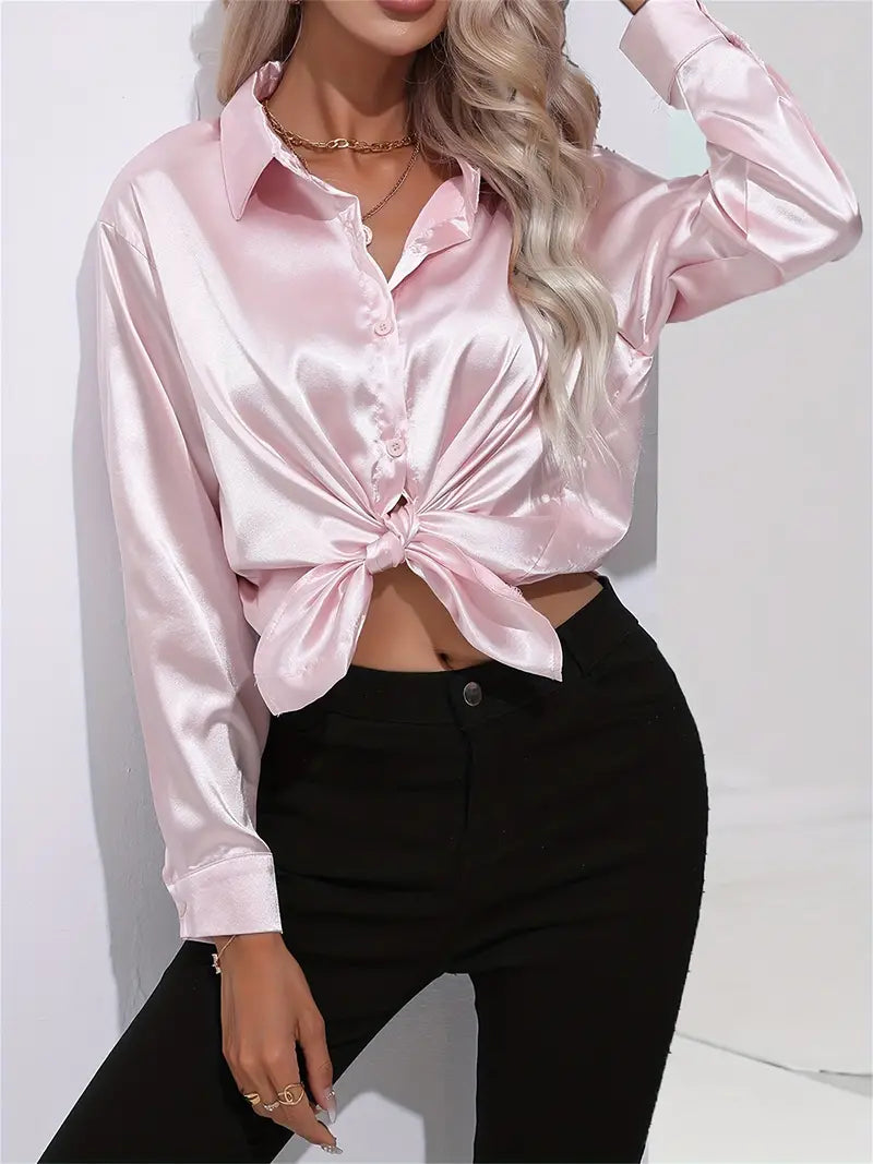 Champagne beige satin blouse women lustrous draped finish versatile day-to-night office wear