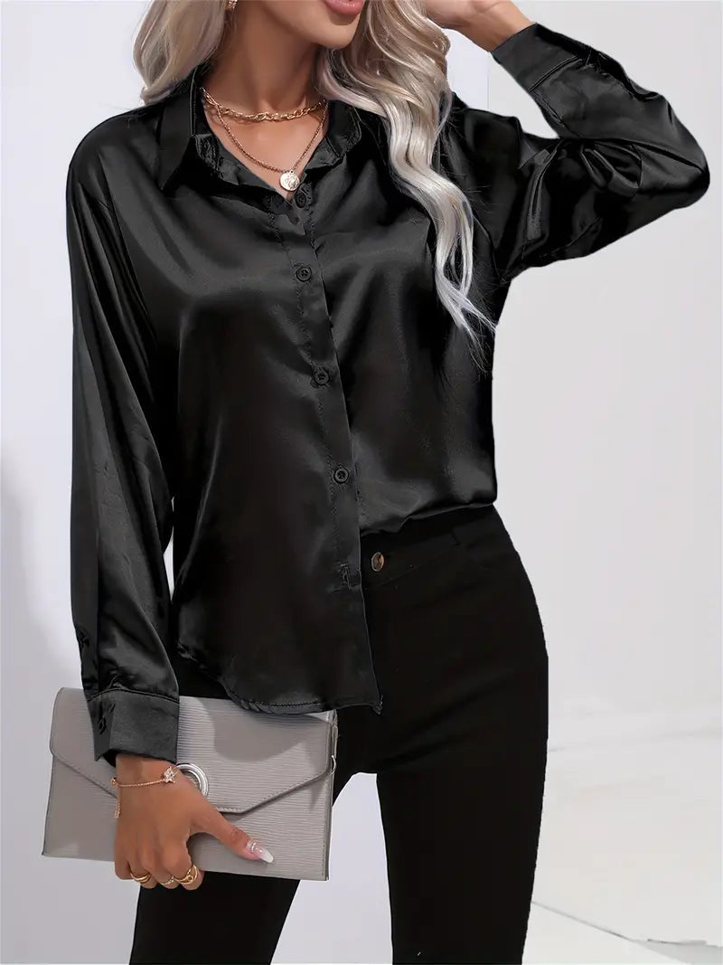 Women's champagne beige satin blouse with lustrous finish and elegant draping for day-to-night wear