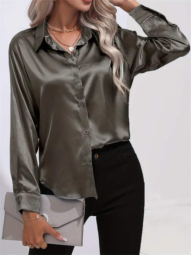 Women's champagne beige satin blouse with lustrous finish, elegant drape, versatile day-to-night silhouette