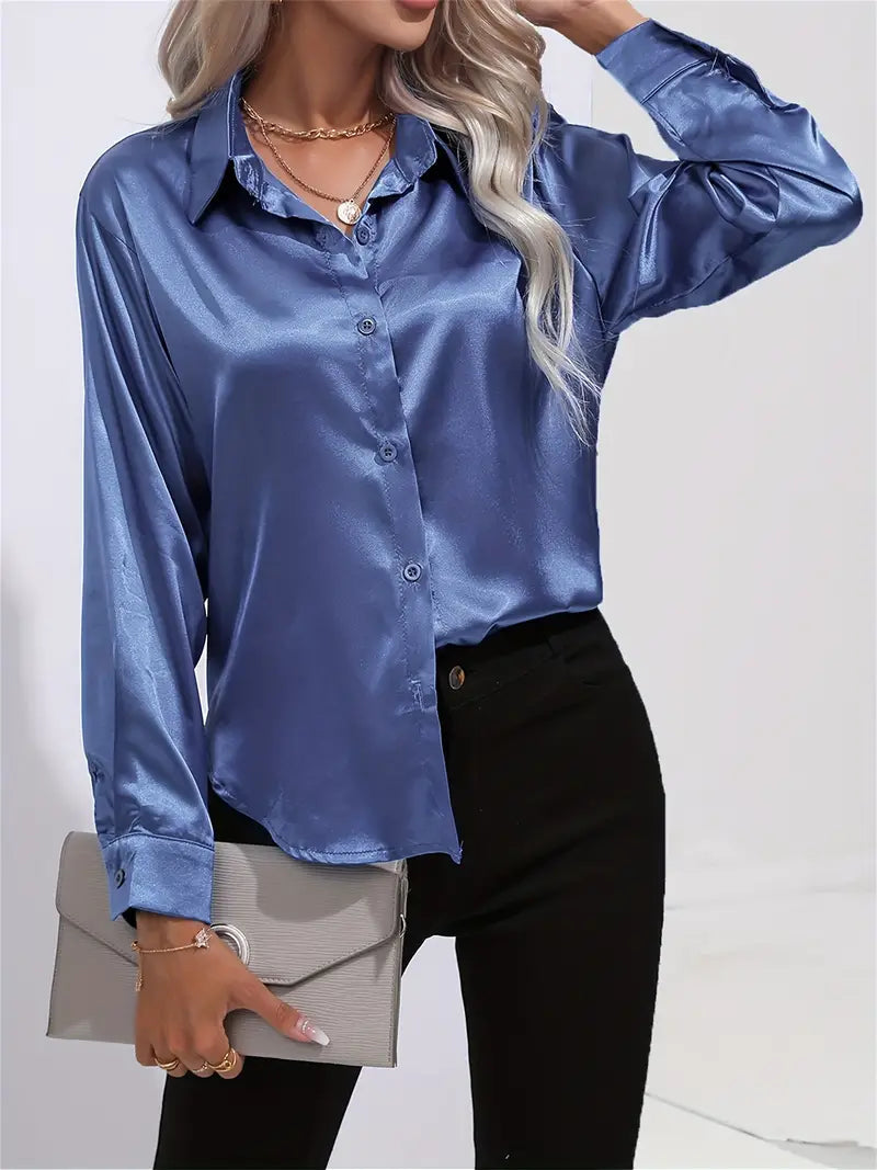 Women's champagne beige satin blouse with lustrous drape, versatile day-to-night silhouette