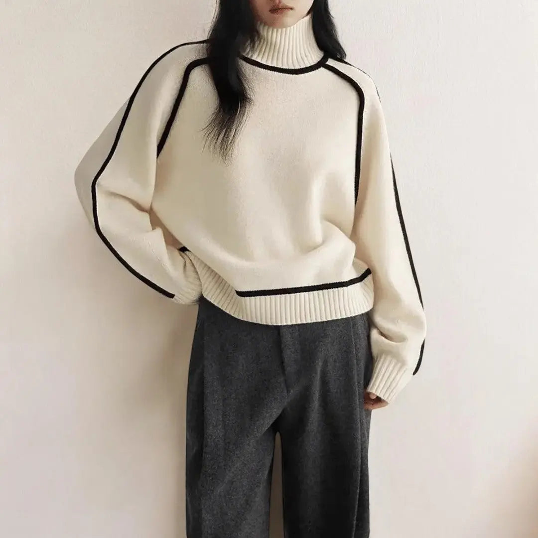 Women's cream premium soft knit turtleneck sweater with cozy fitted silhouette for all-day warmth