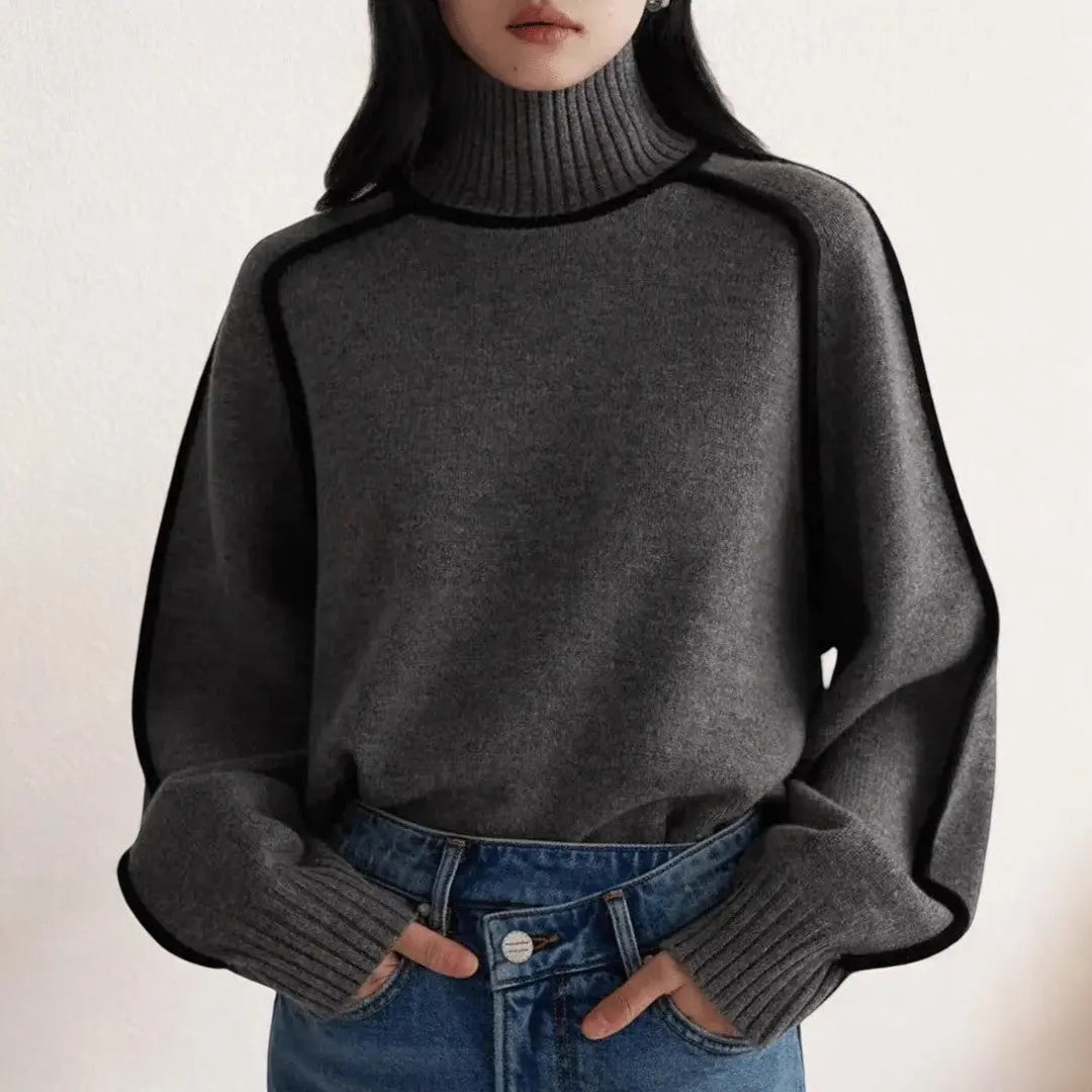 Women's beige premium soft turtleneck sweater cozy knit with neck-hugging collar everyday warmth