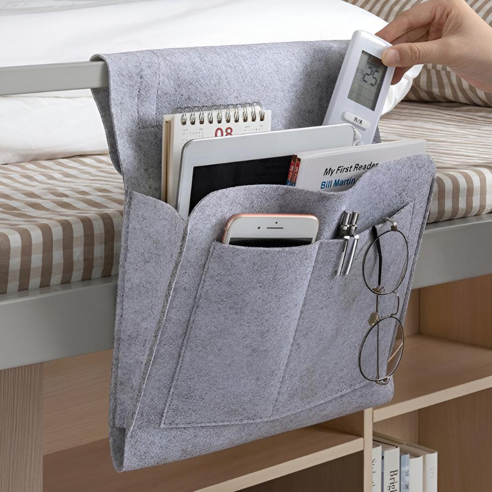 Minimalist felt bedside pocket organizer for nightstand, holds tablet and phone, sleek gray design