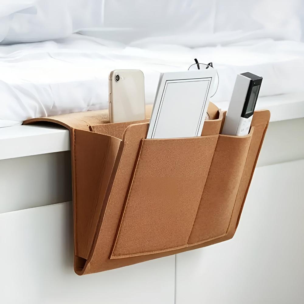 Minimalist felt bedside pocket organizer for tablet and phone, slim neutral design for nightstand-free bedrooms