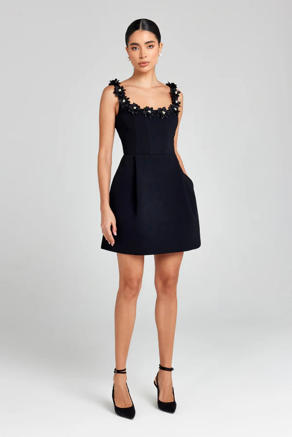Women's white floral appliqué mini dress with 3D flower detailing, fitted bodice and A-line skirt