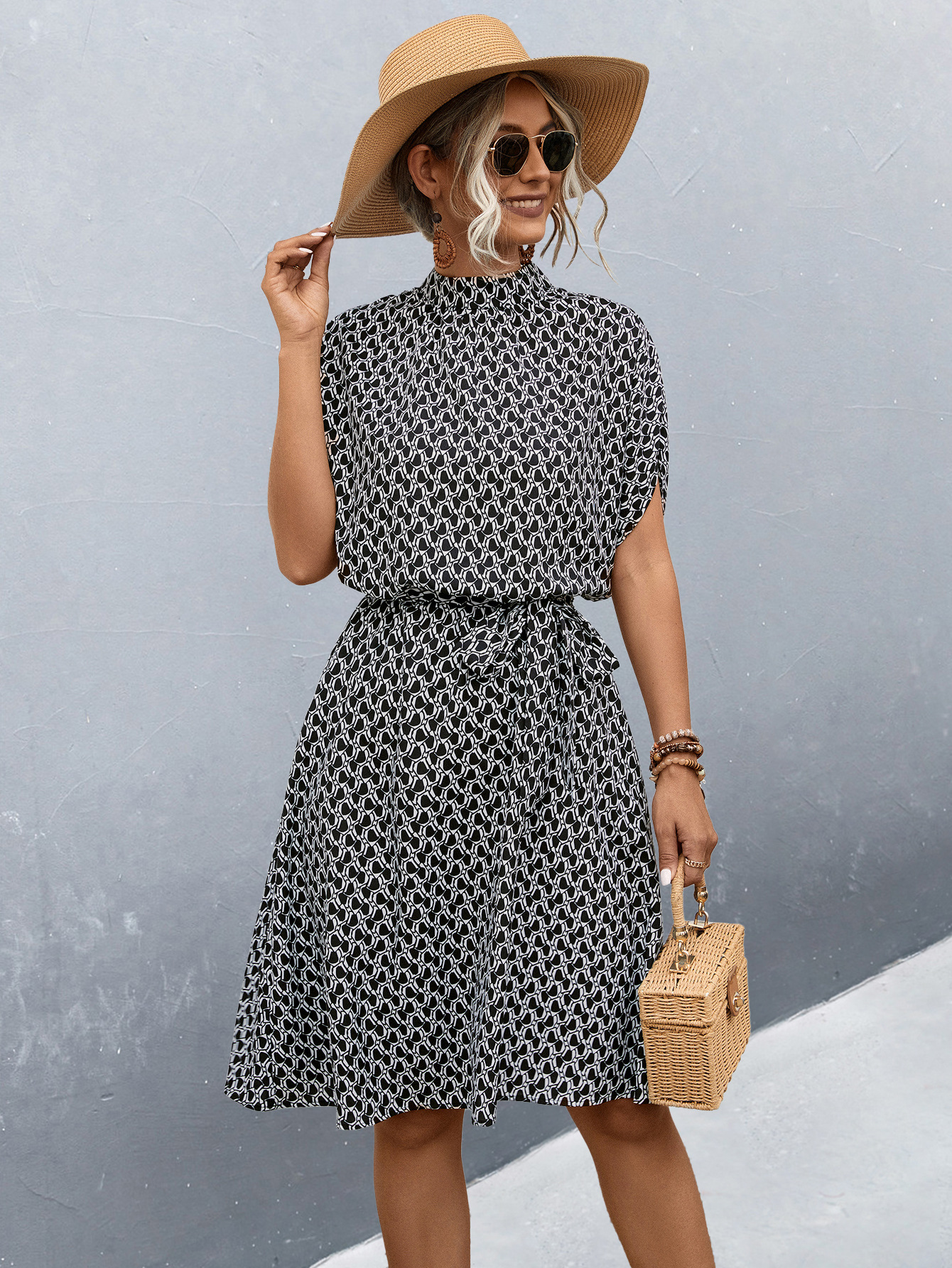 Women's allover printed belted dress breezy chic spring summer style with adjustable belt
