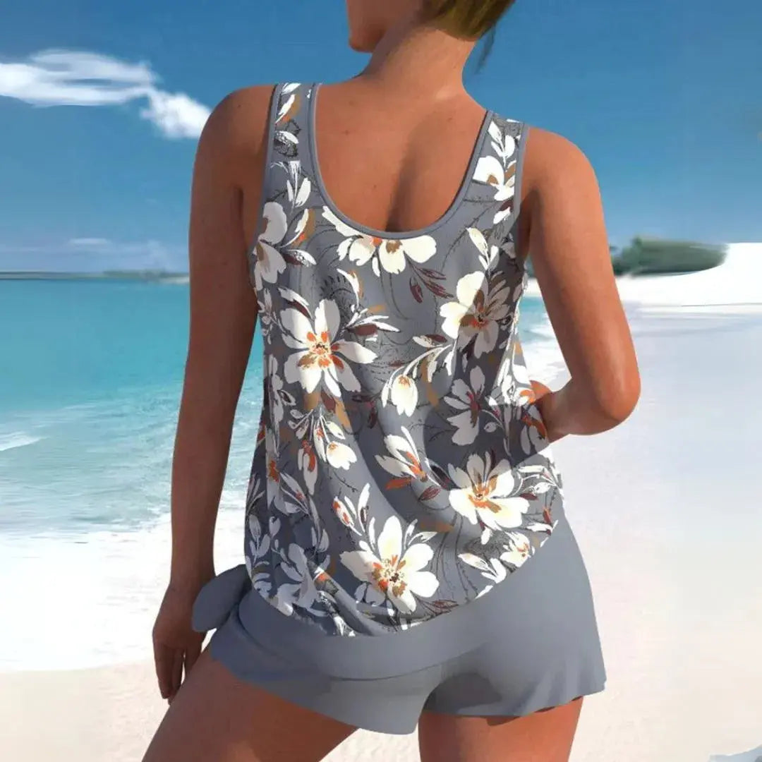 Women's floral tankini shorts swim set with adjustable straps and flattering two-piece silhouette