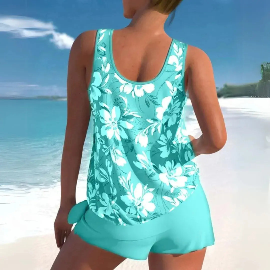 Women's floral tankini shorts swim set with adjustable straps, two-piece vacation-ready silhouette