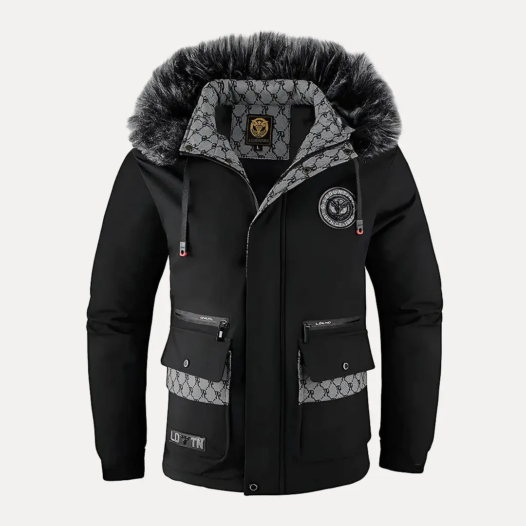 Black alpine down jacket extreme cold weather fur-lined hood 900 fill power insulation