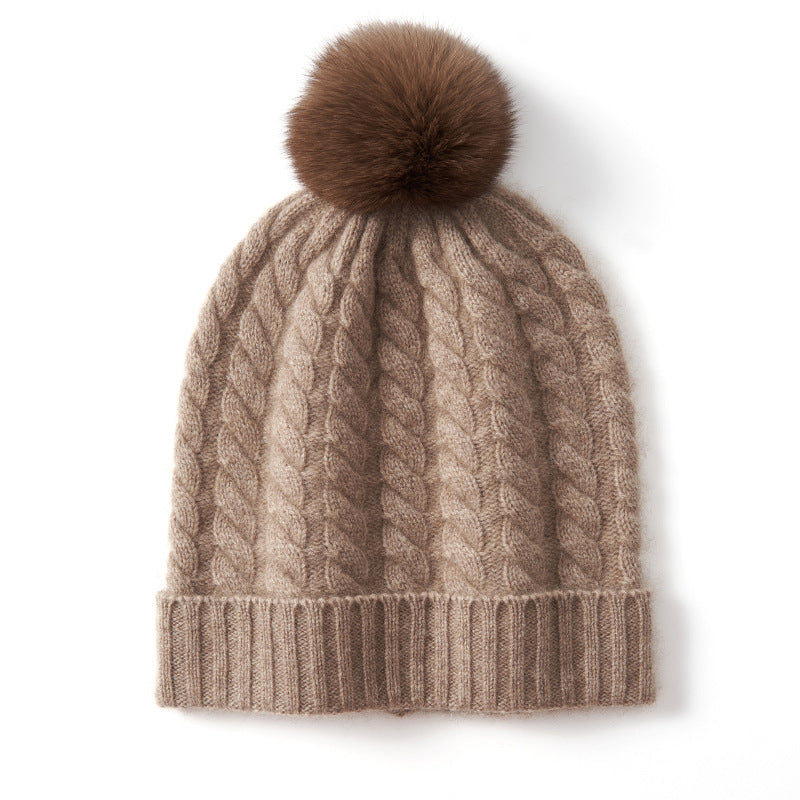 Cream cable-knit cashmere blend unisex beanie with oversized fluffy pom-pom winter hat