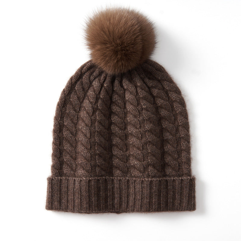 Alpine Thread cable-knit pom beanie cashmere blend unisex winter hat with fluffy pom-pom