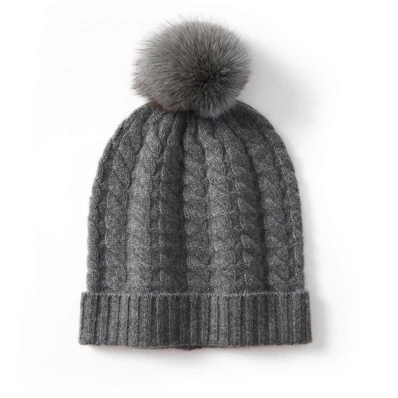 Charcoal cable-knit wool blend beanie with oversized pom-pom, unisex winter hat