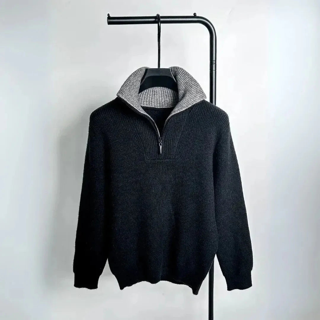 Men's alpine quarter-zip knit sweater with soft ribbed texture and stand-up collar for layering