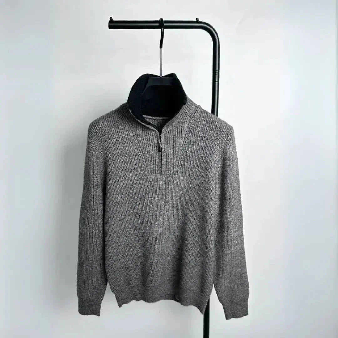 Men's alpine quarter-zip knit sweater with soft ribbed texture and contrast stand-up collar