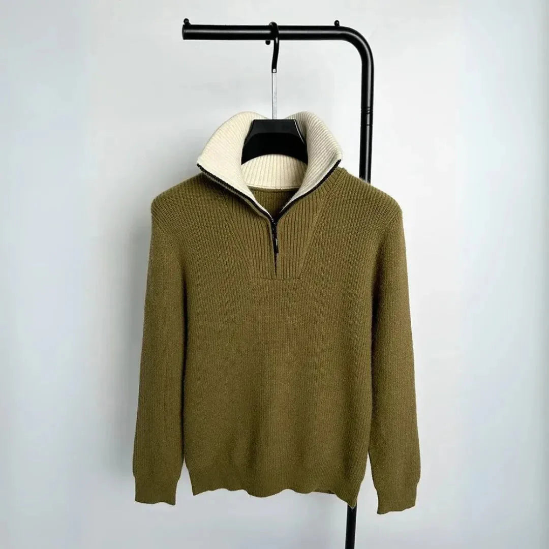 Men's alpine quarter-zip knit sweater with soft ribbed texture and contrast stand-up collar