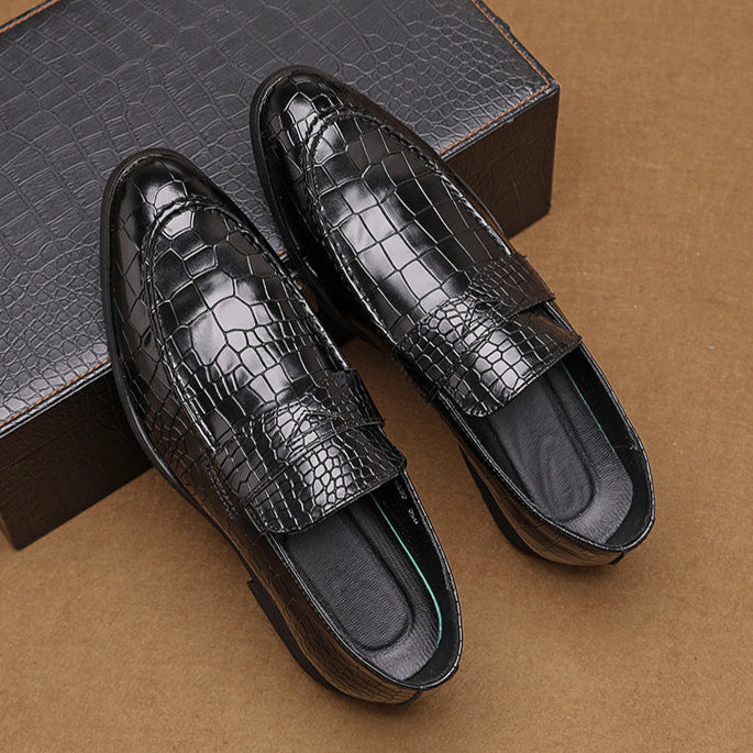 Men's brown genuine leather loafers with crocodile embossed texture and cushioned insole
