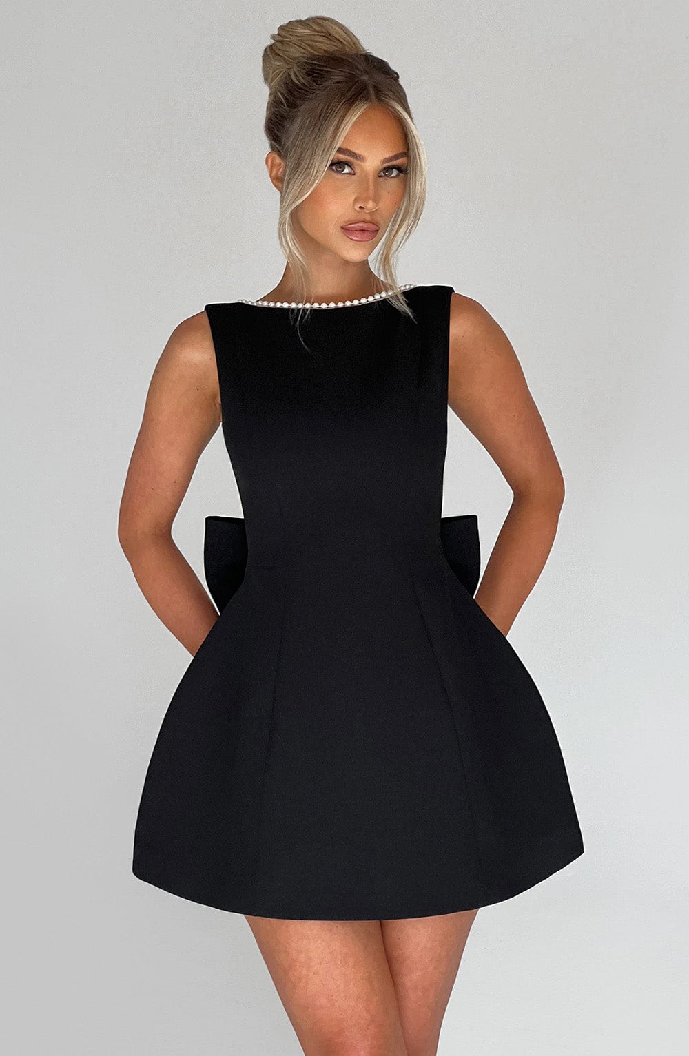 Celeste | Women's Pearl Trim A-Line Mini Dress Sleeveless