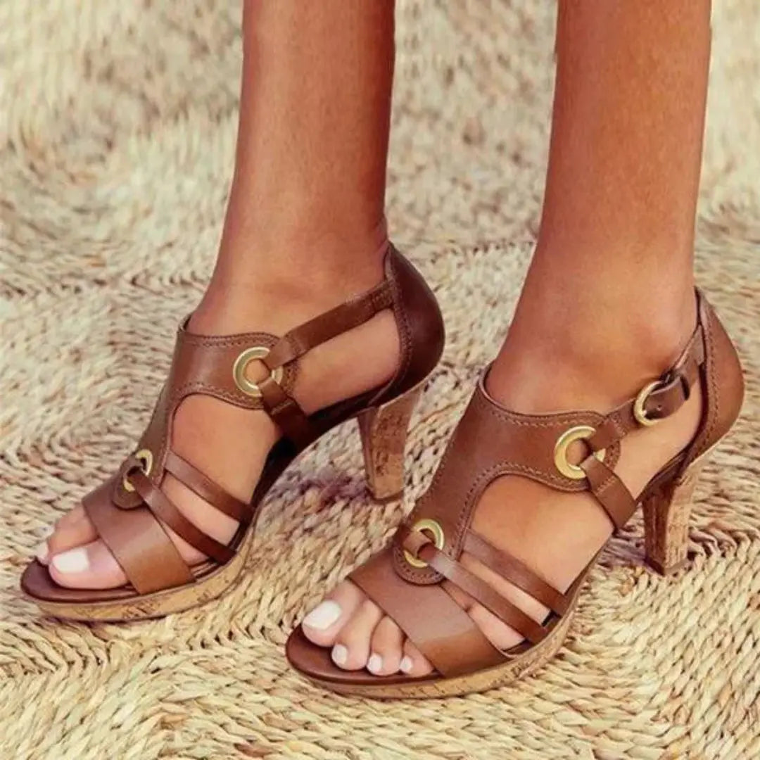 Women's strappy open-toe block heels with metallic buckle accent, medium heel, all-day comfort sandals