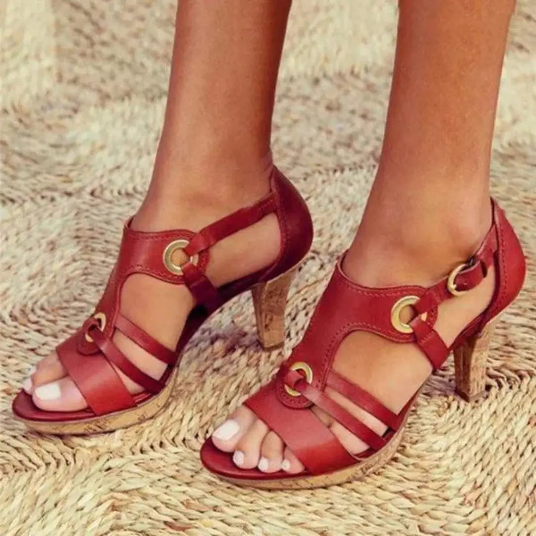 Women's strappy open-toe block heels with metallic buckle accent, medium height, all-day comfort