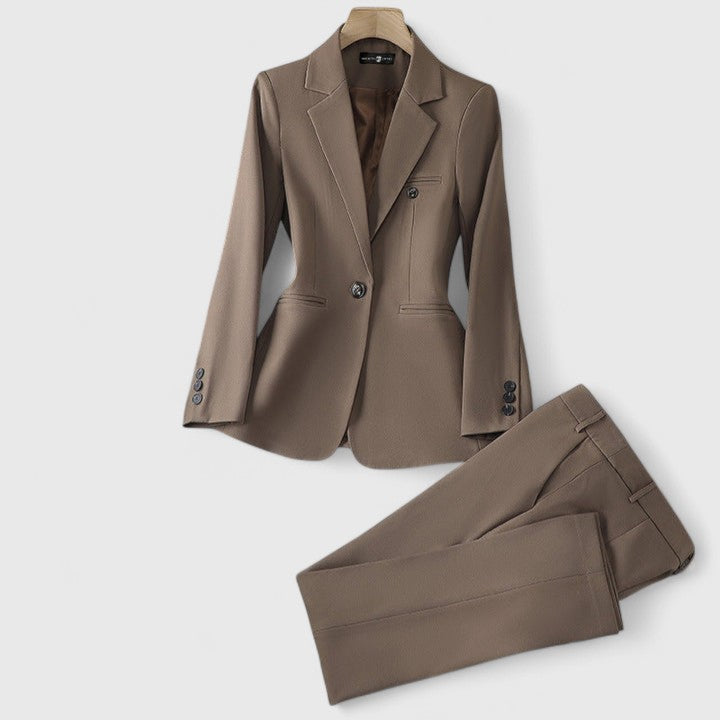 Women's navy tailored fit office suit with structured silhouette and classic professional cut