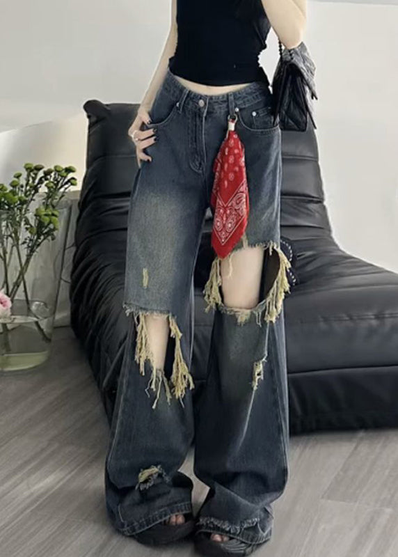 Pantalon large en denim déchiré bleu taille haute de style américain pour l'automne - Urbann-Vibe
