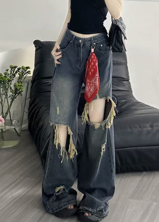 Pantalon large en denim déchiré bleu taille haute de style américain pour l'automne - Urbann-Vibe