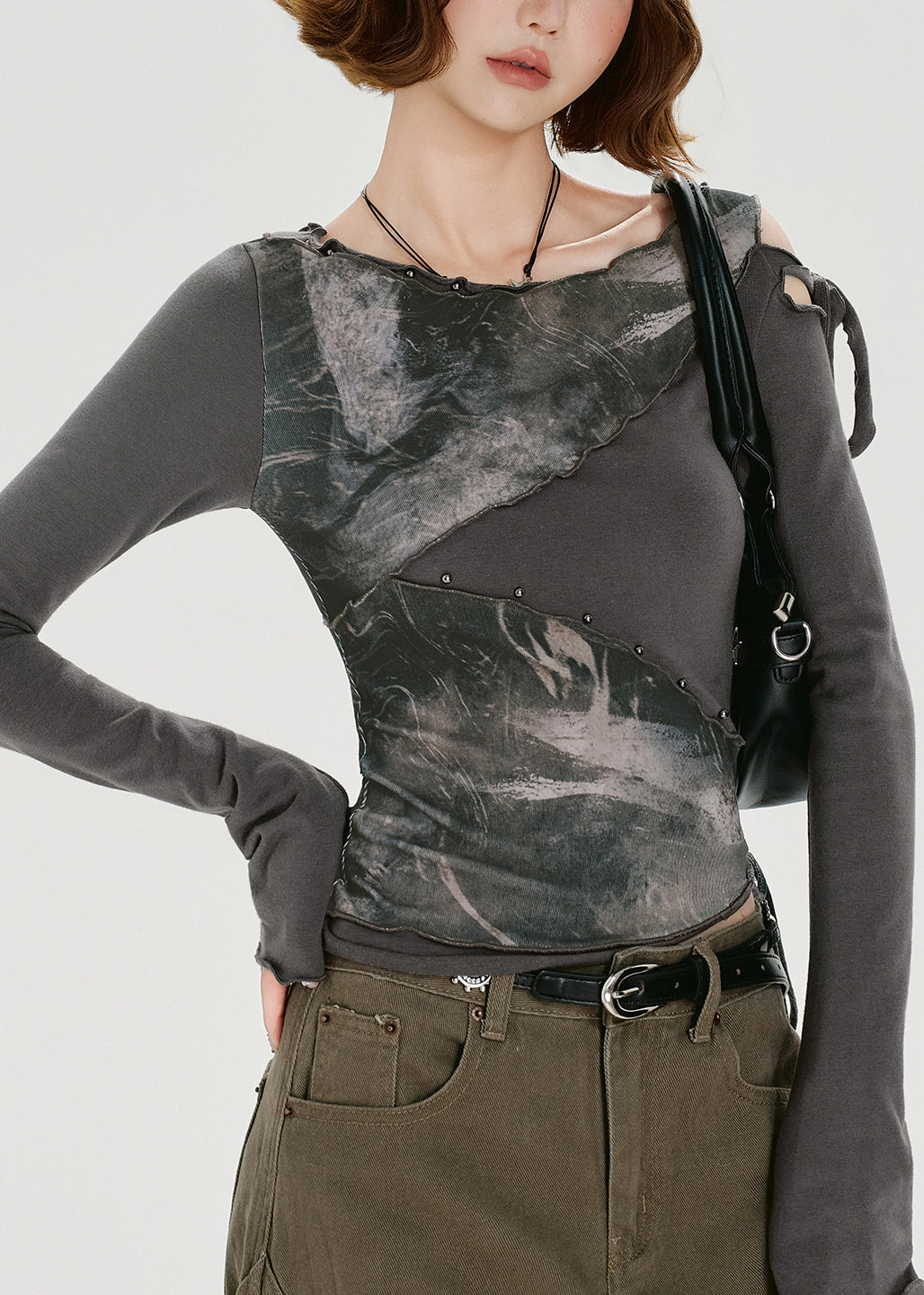 T-shirt en coton patchwork gris style américain deux pièces pour l'automne - Urbann-Vibe