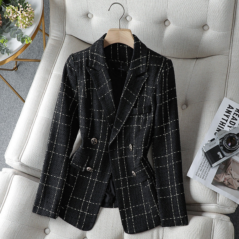 Amira textured plaid blazer tailored fit with gold button detail in rich woven fabric