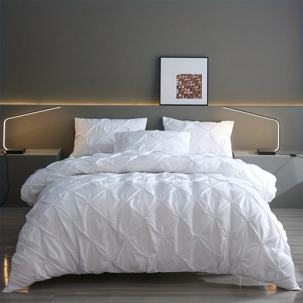 White pinch pleat duvet cover set soft cotton luxury hotel-inspired modern bedroom comfort