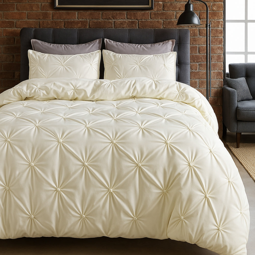 Luxury pinch pleat duvet cover set soft cotton white modern hotel-inspired bedroom comfort
