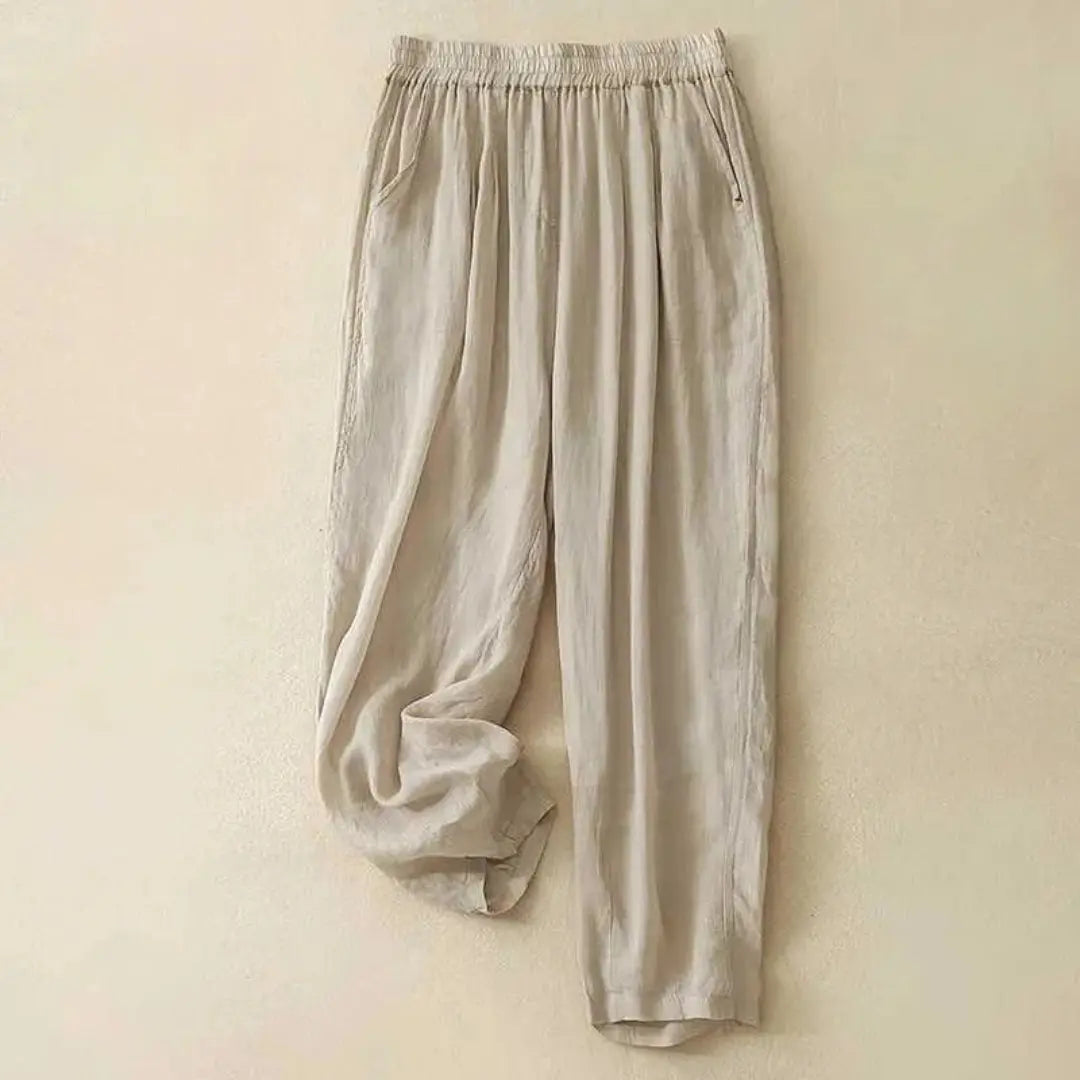 Women's relaxed fit linen trousers elastic waistband casual wide-leg pants with side pockets