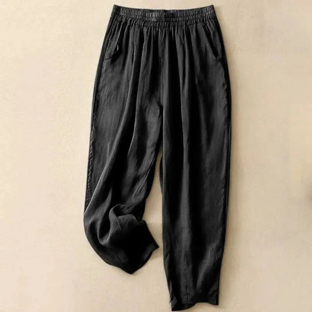 Women's relaxed fit linen casual trousers elastic waistband breathable side pockets everyday comfort