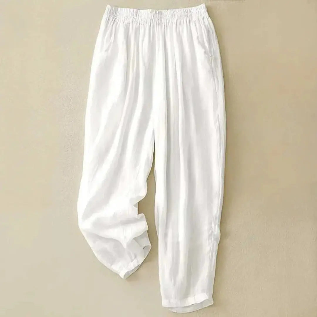 Women's relaxed fit linen casual trousers elastic waistband breathable side pockets warm weather
