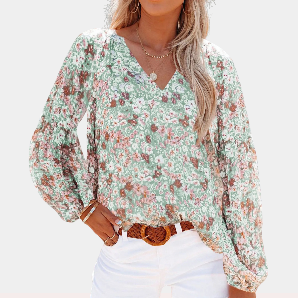 Women's pink floral print long sleeve blouse elegant breathable top with delicate feminine pattern
