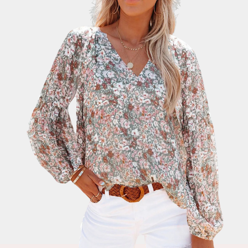Elegant women's floral print blouse pink white green long sleeve breathable top feminine style