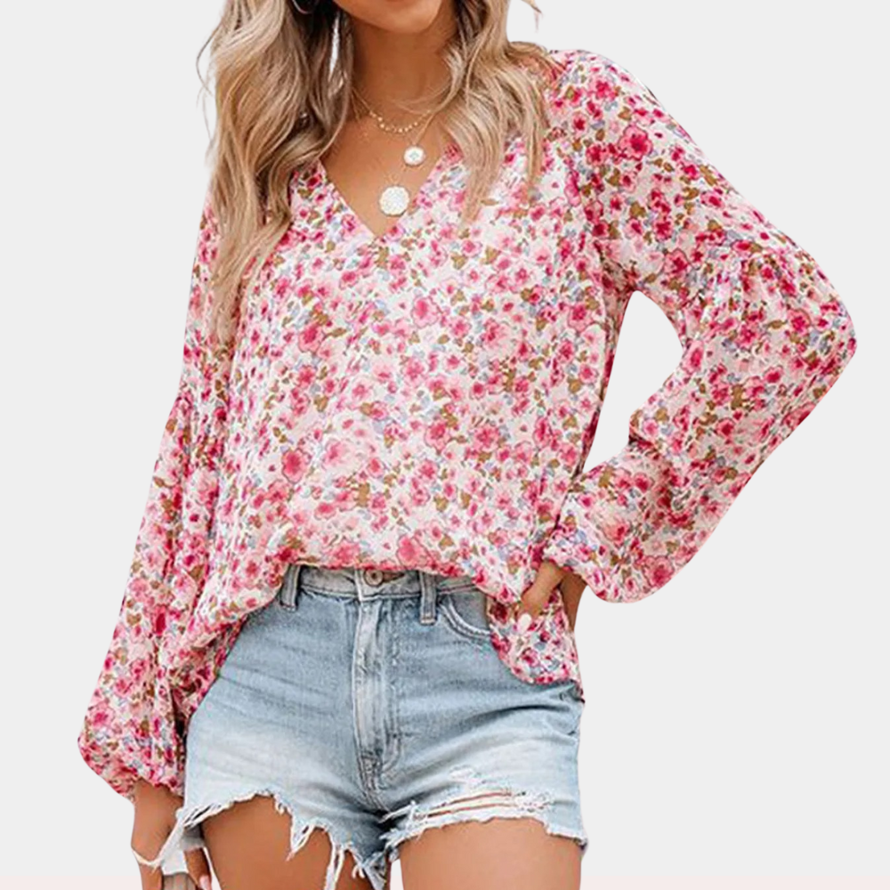 Women's pink floral print blouse elegant long sleeve top with delicate feminine pattern