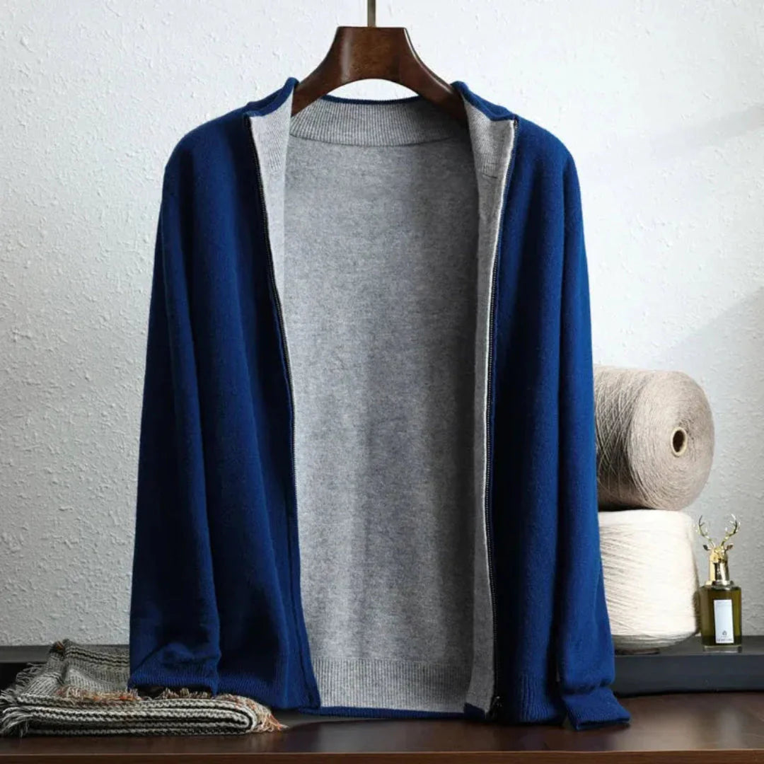 Men's two-tone wool cashmere zip-up cardigan lightweight knit premium layering piece