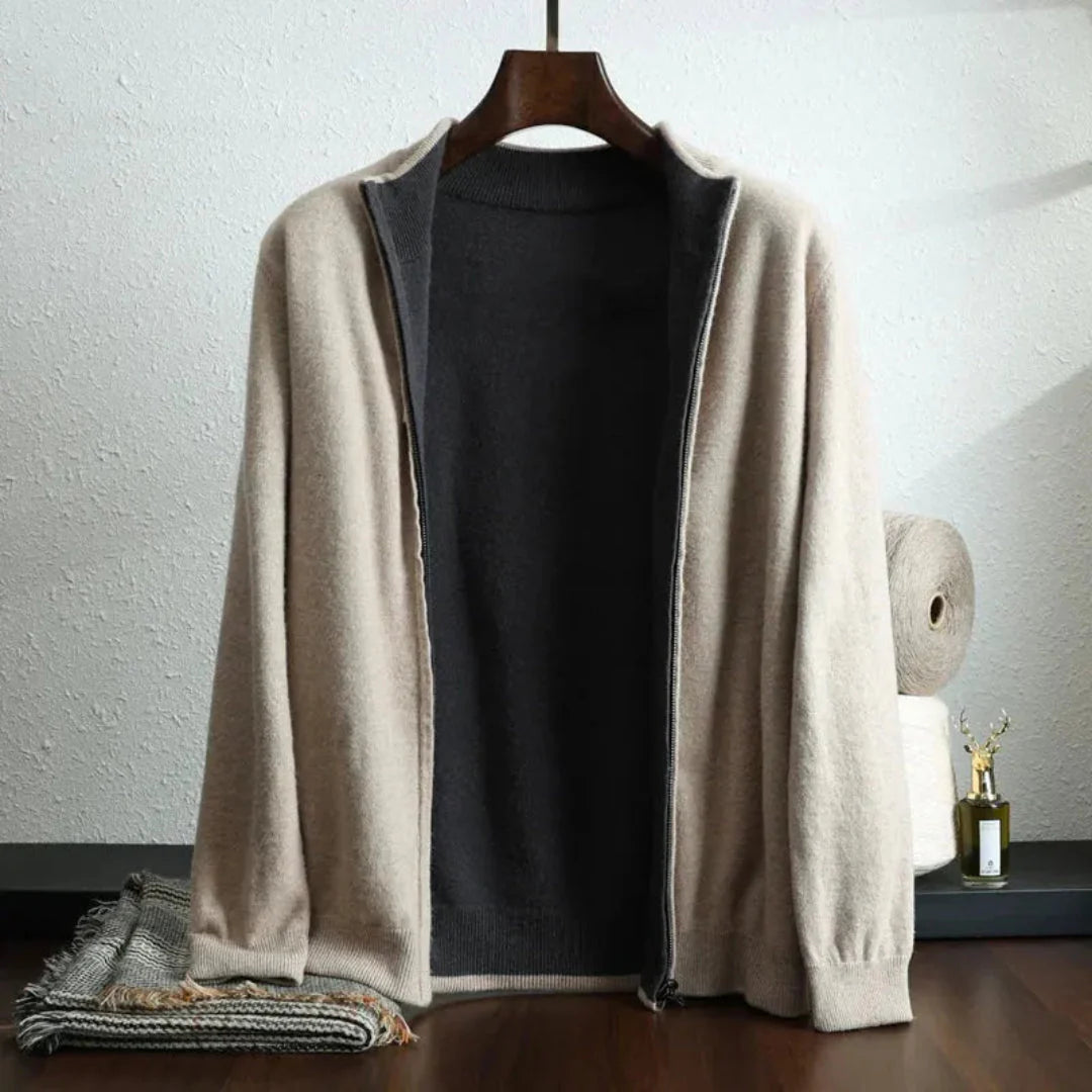 Men's two-tone wool cashmere zip-up cardigan lightweight knit premium layering piece
