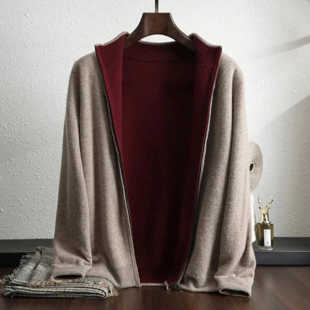 Men's two-tone wool cashmere zip-up cardigan lightweight knit premium layering piece