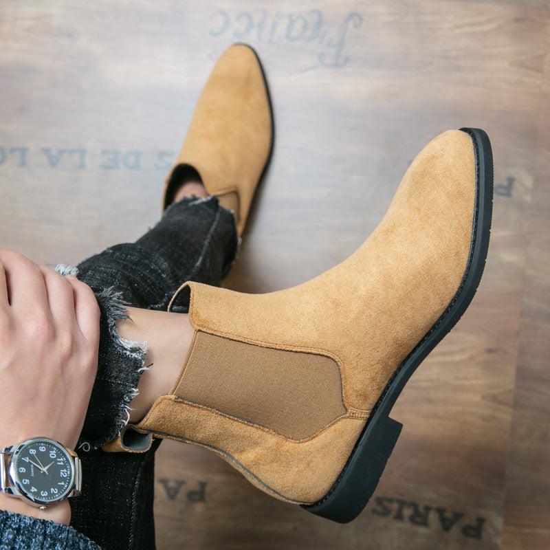 Men's ankle-length Chelsea boots in faux suede, sleek smart casual silhouette with elastic side panels