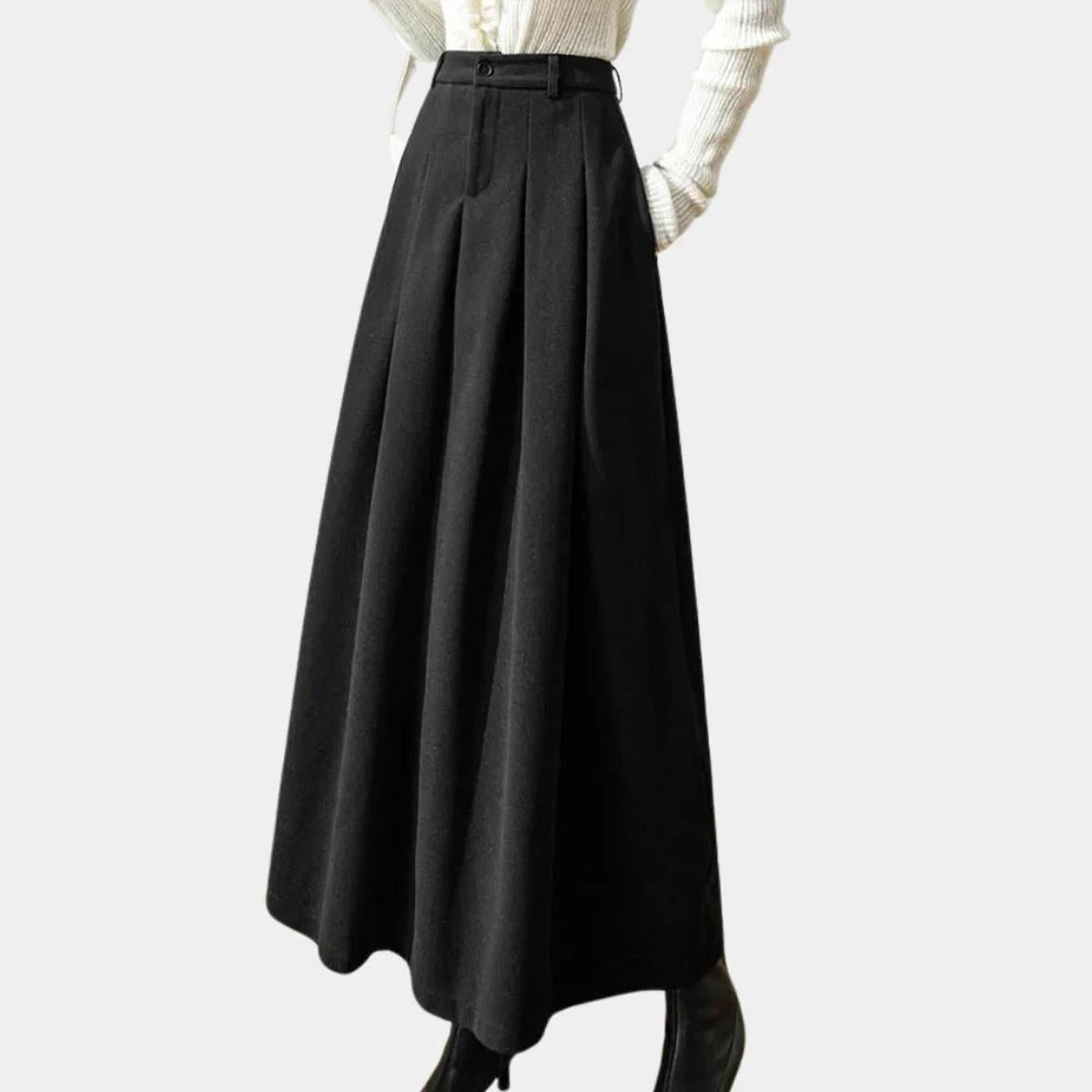 Women's ankle-length A-line stretch wool skirt with structured waistband and elegant pleated detail