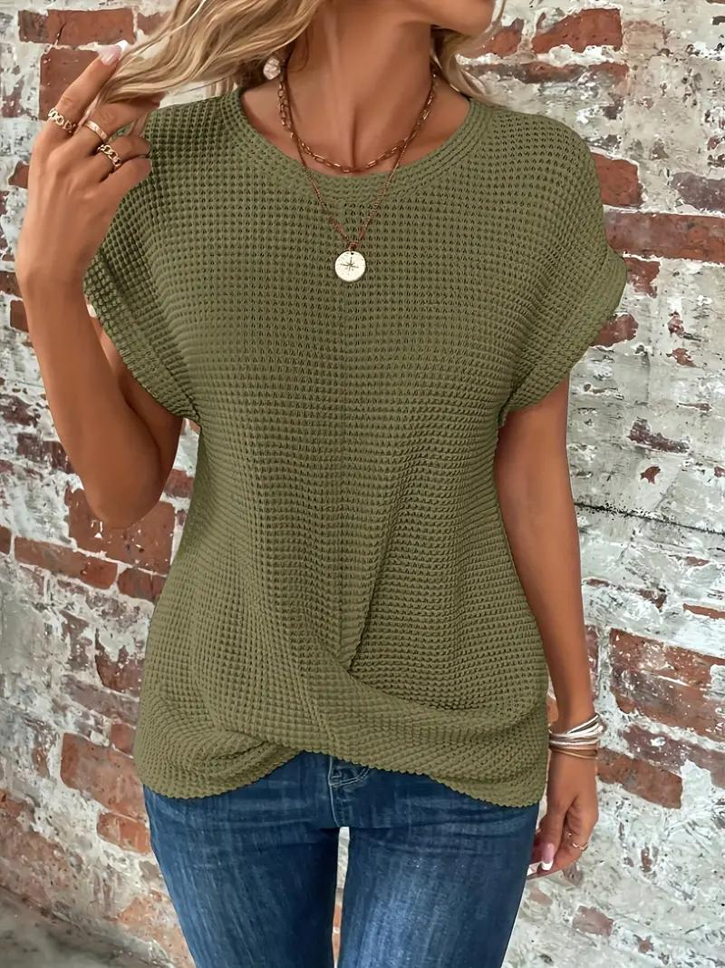 Women's beige waffle knit tee relaxed fit with front twist hem detail casual everyday top