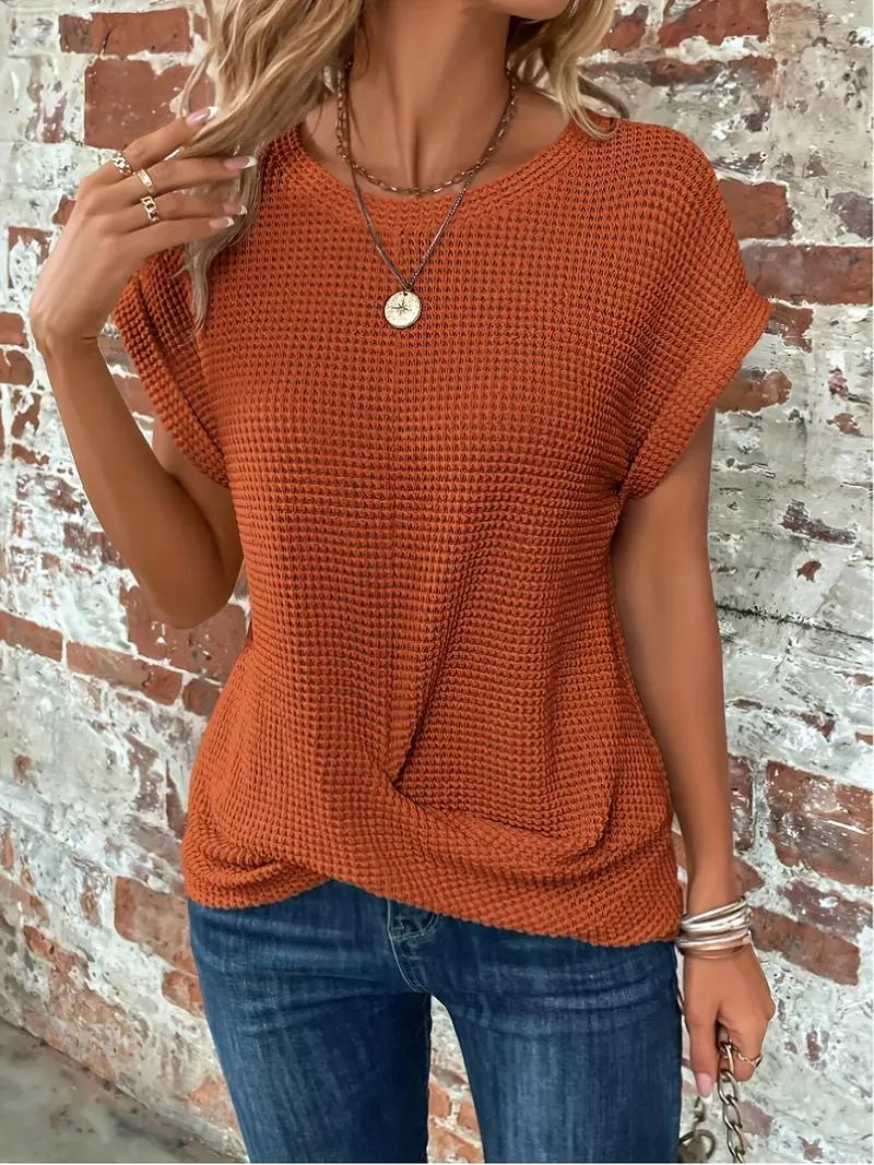 Women's sage waffle knit tee relaxed fit with front twist hem detail for casual everyday wear
