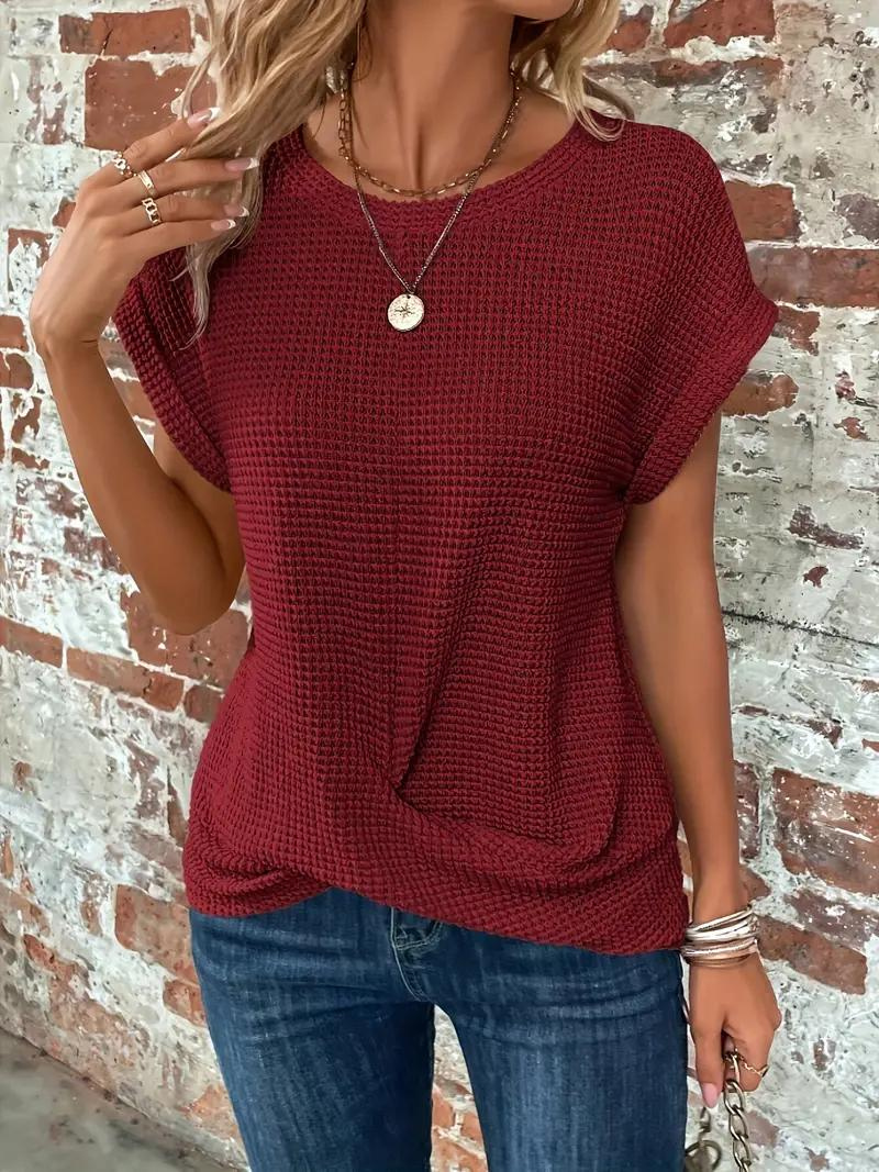 Women's white waffle knit relaxed fit tee with front twist hem, breathable casual top