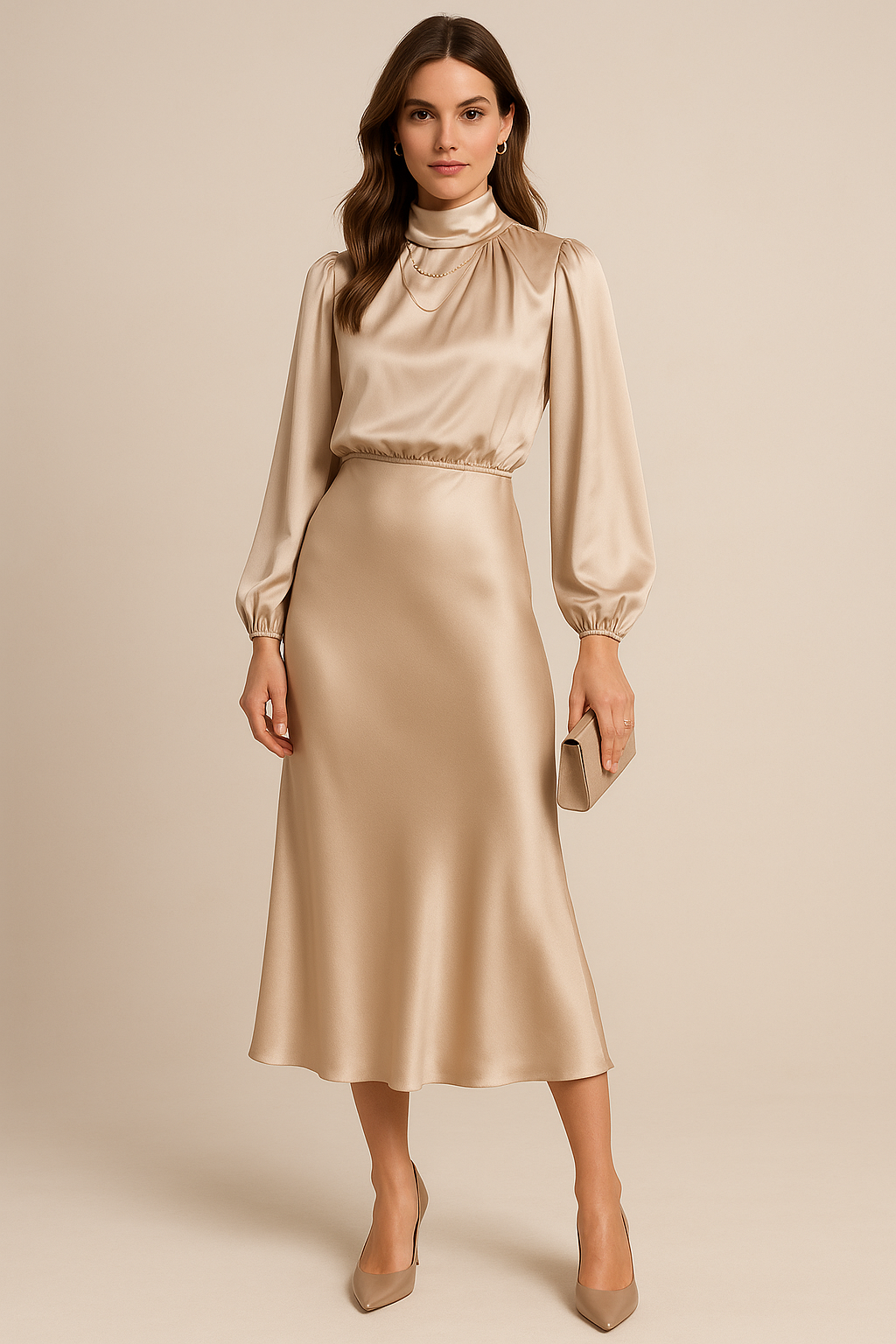 Women's casual chic satin midi dress with flowing drape and elegant subtle detailing for everyday wear