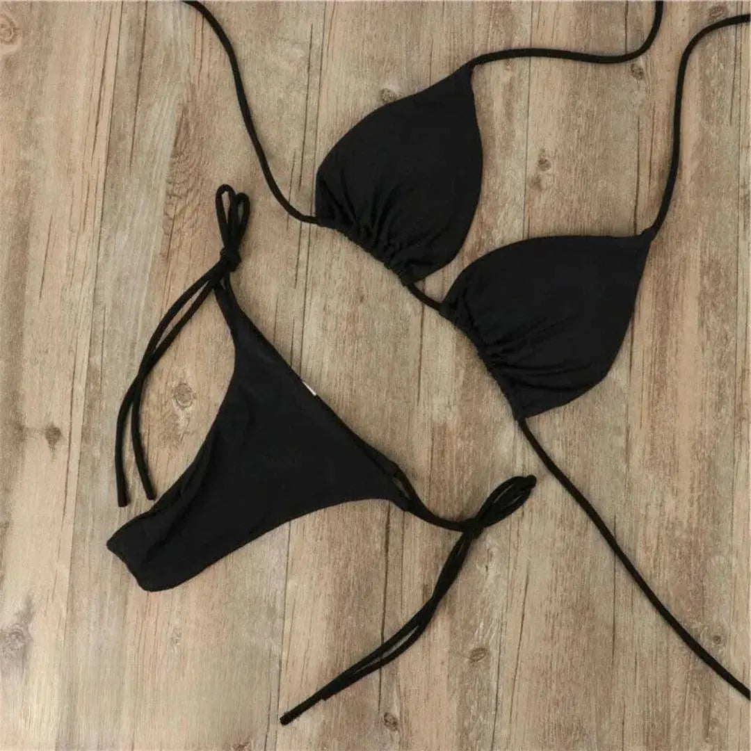 Women's classic triangle string bikini set with adjustable tie-side bottoms and halter top