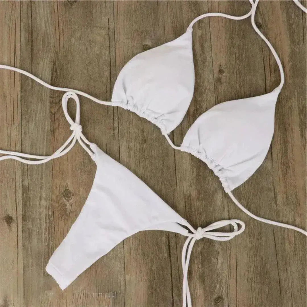 Women's classic triangle string bikini set with adjustable tie-side bottoms and halter top