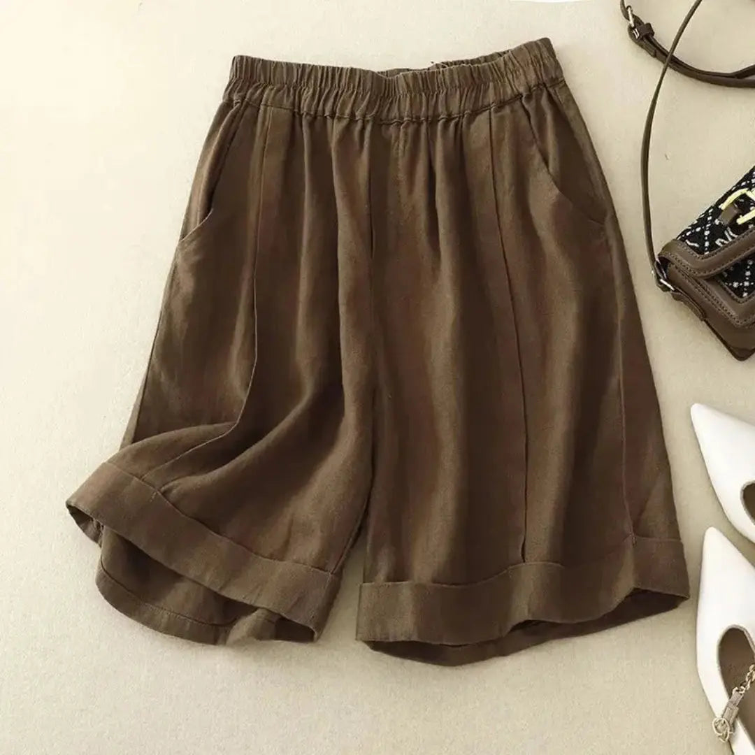 Women's high-rise linen shorts beige rolled cuff hem elastic waistband casual summer essential