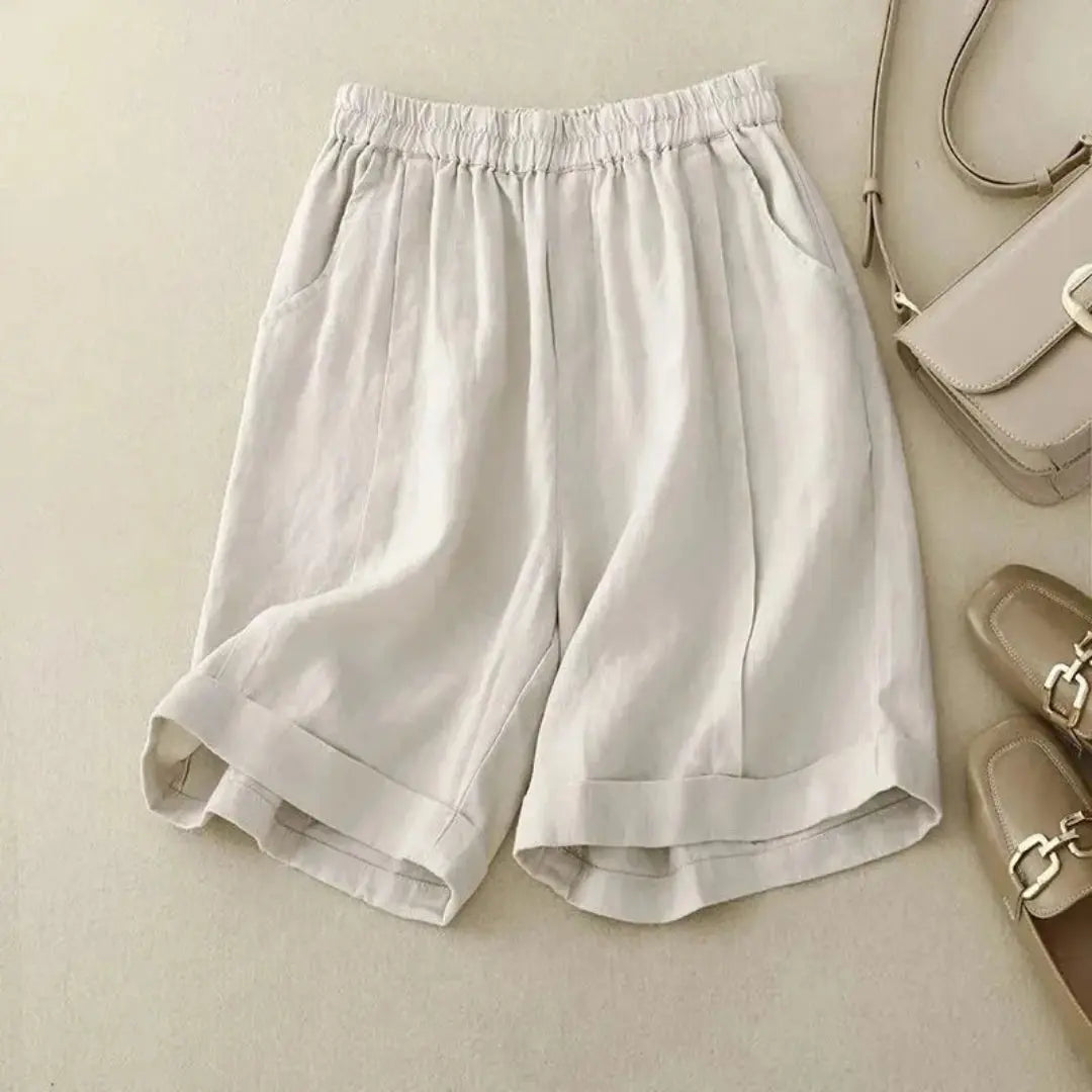 Women's high-rise linen shorts beige rolled cuff hem elastic waistband casual summer everyday fit