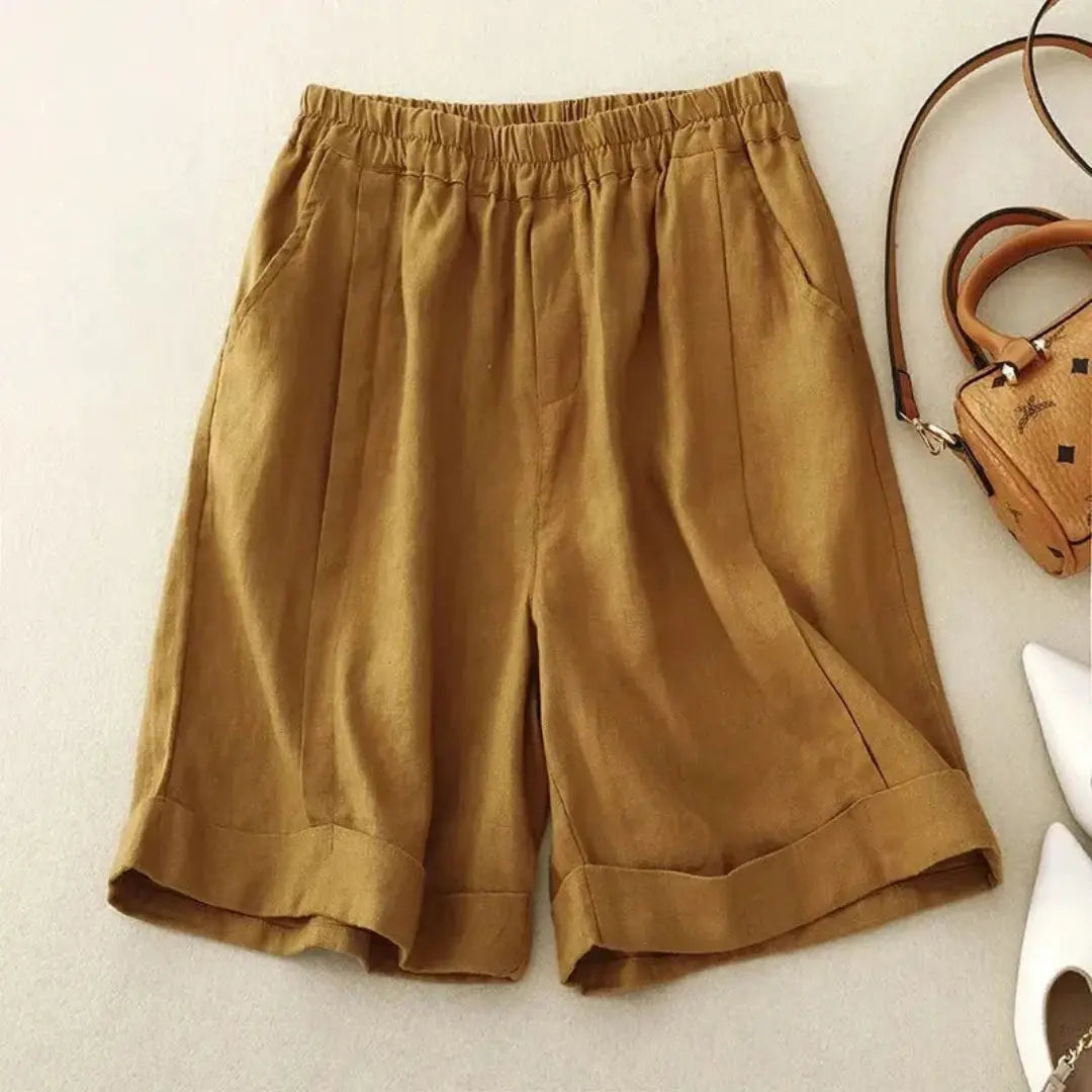 Women's high-rise linen shorts with rolled cuff hem, elastic waistband, relaxed summer fit